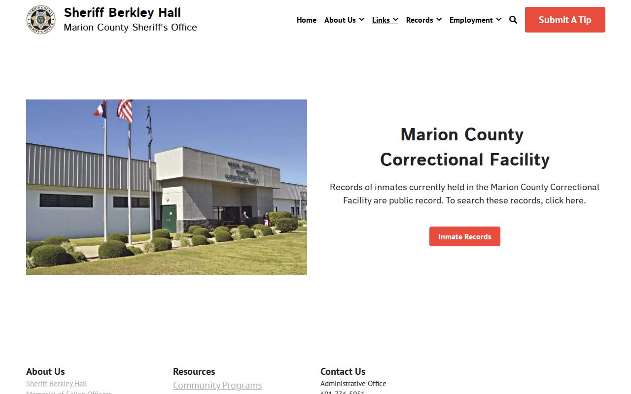 Marion County Sheriff official inmate records page for current booking lookup