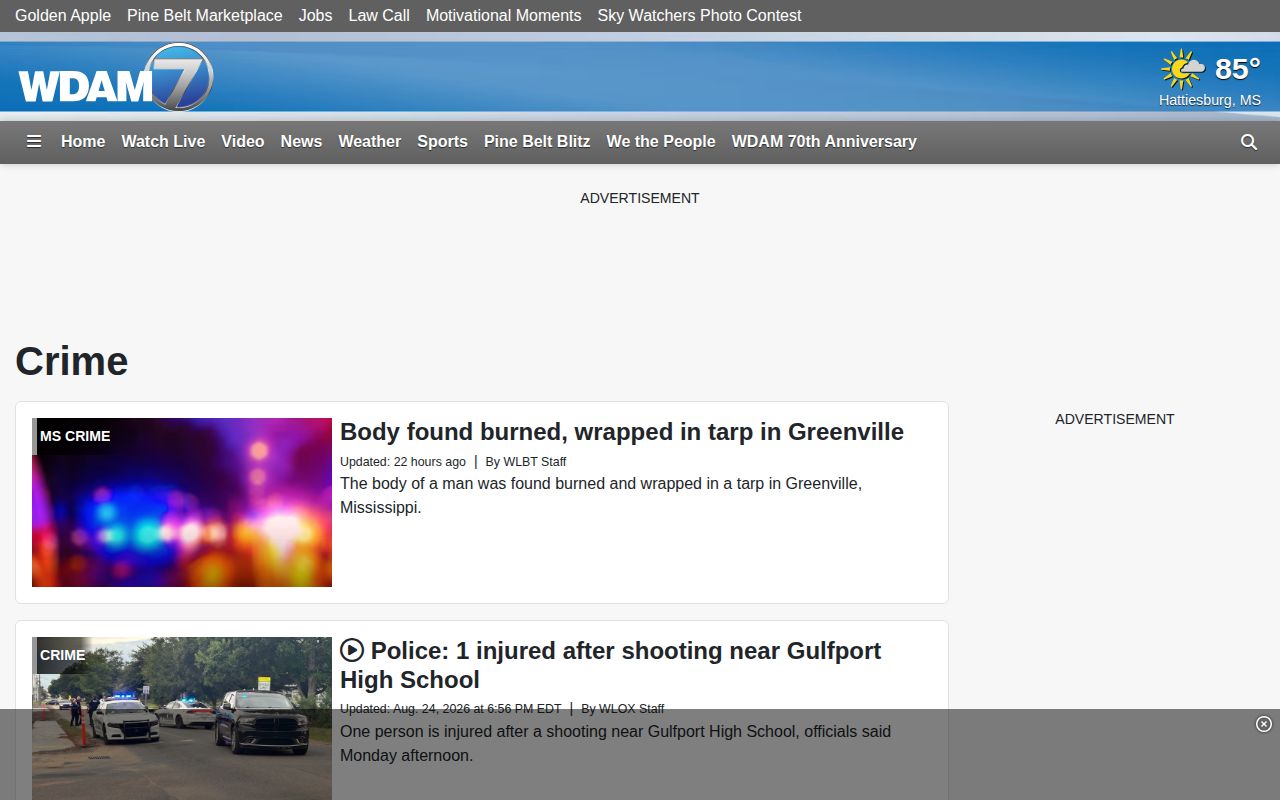 Screenshot of the WDAM Crime news section used for Marion County event-reporting context
