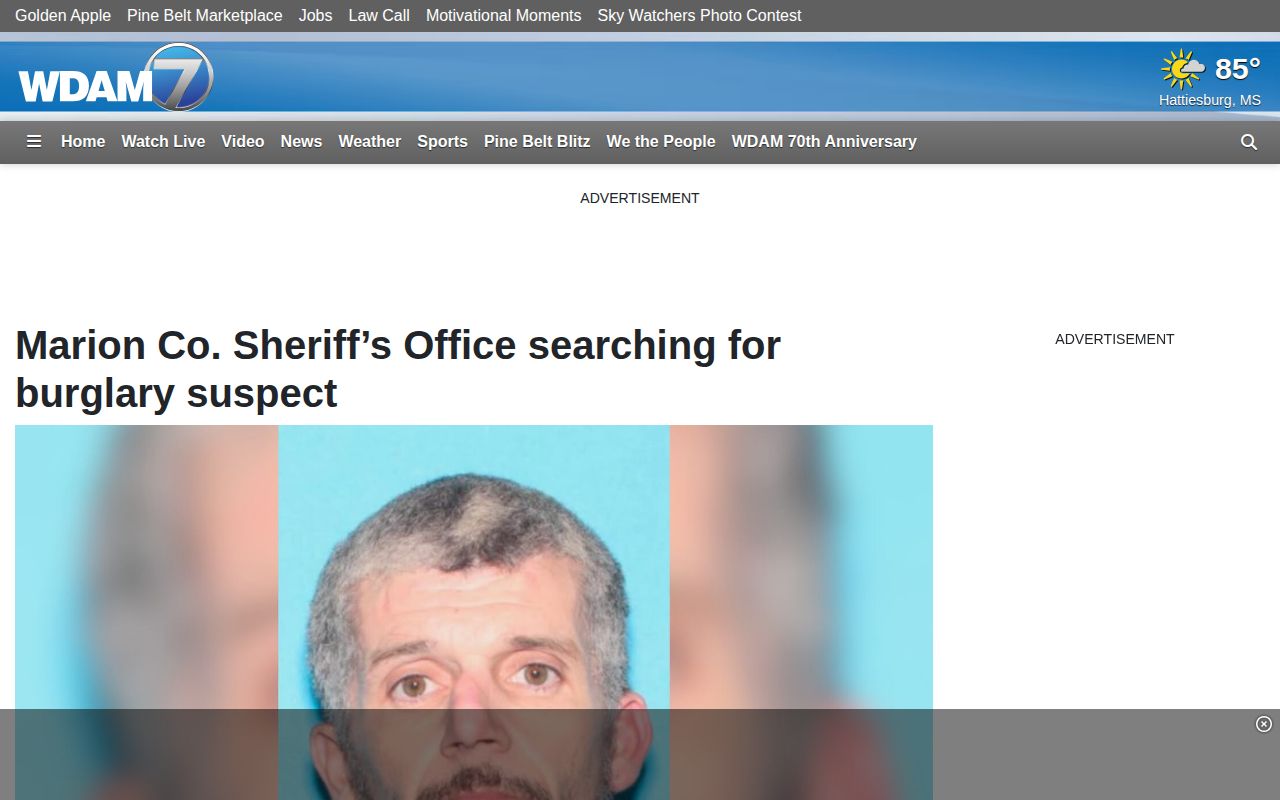Screenshot of WDAM's January 2025 Marion County wanted-suspect report, attributed to the sheriff's office