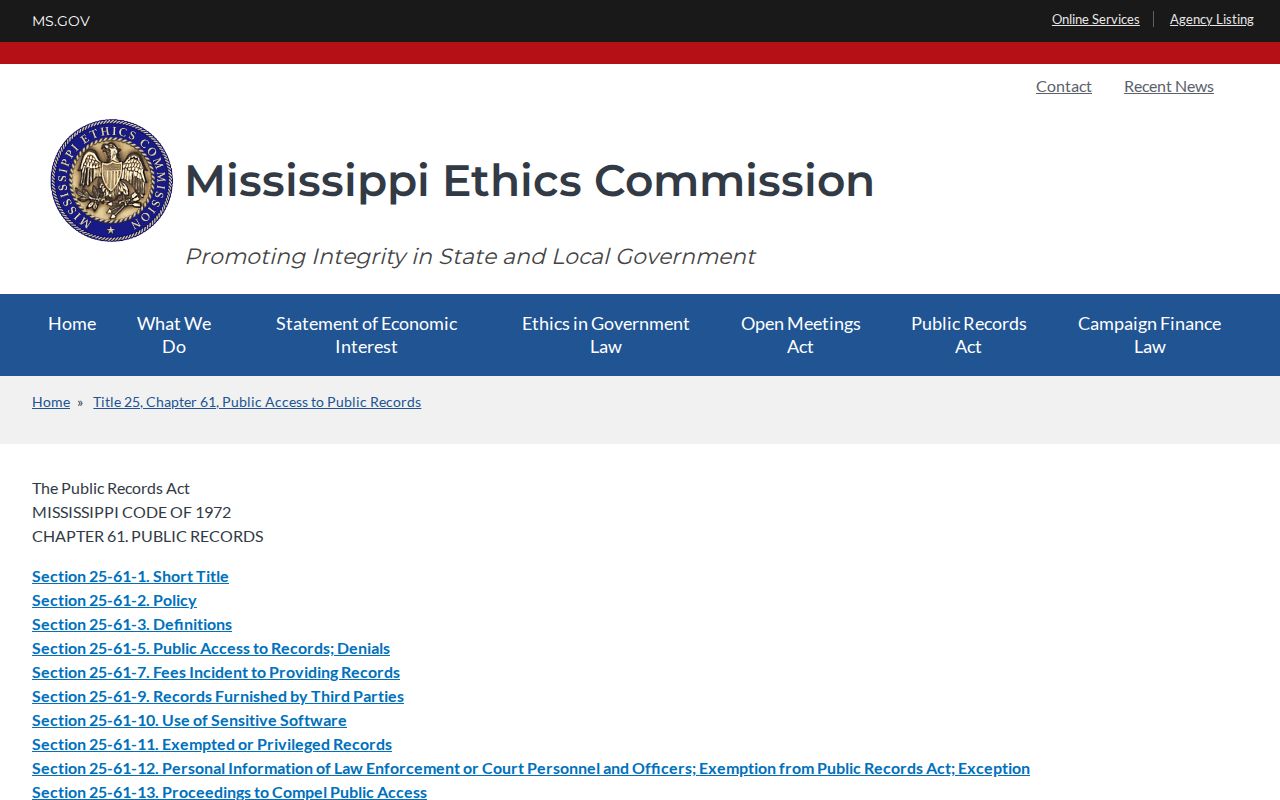 Mississippi public records law source for Marion County booking record requests