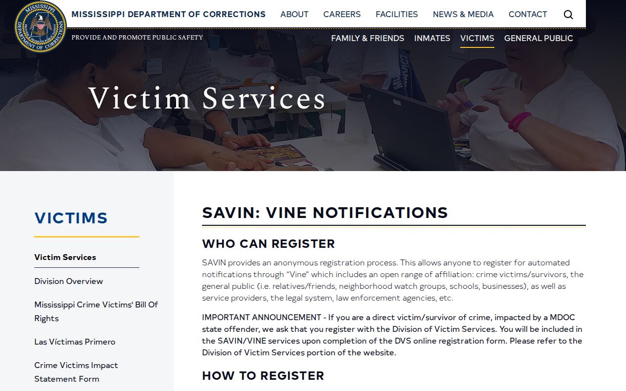 Mississippi SAVIN VINE custody alerts for Marion County status notifications